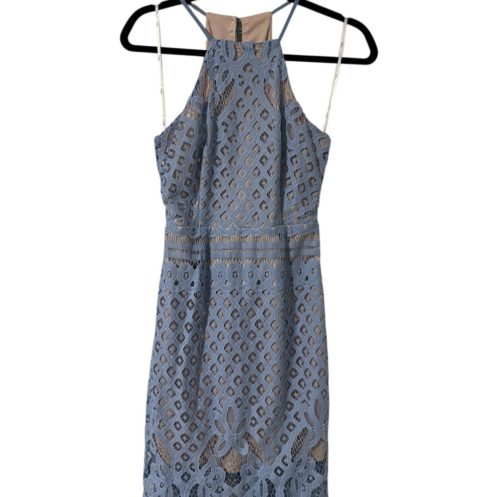 Lulu's Dusty Blue Halter Lace Mini Dress